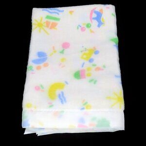 Vintage Baby Blanket Acrylic Satin Nylon Trim Pastel Rocking Horse & Sailboats